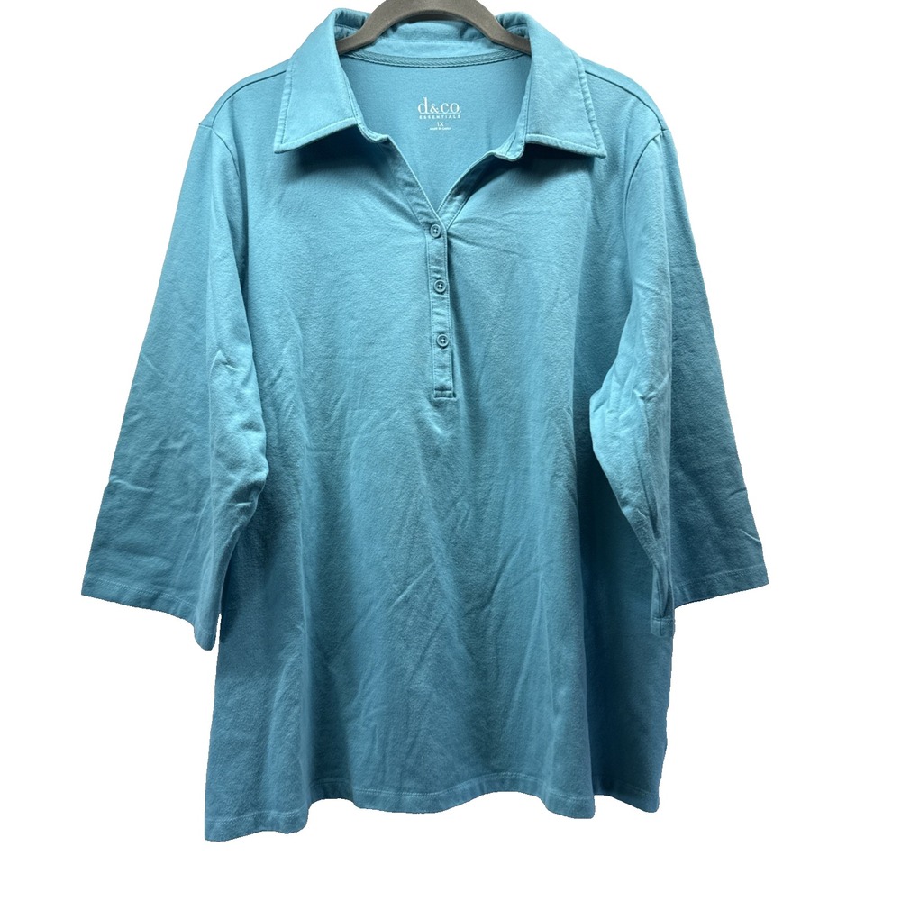 Denim & Co Women Blue 3/4 Sleeve Collared Pullover Top 1X Plus A10841